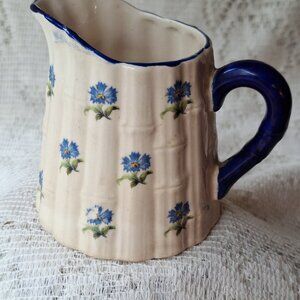 Charming Vintage Czechoslovakia intricate Blue Floral Ribbed Pattern Creamer